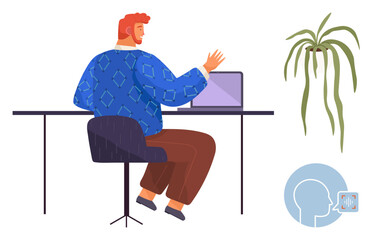 Man at desk using laptop with raised hand gesture, green potted plant, speech interface in bubble visualization. Ideal for technology, communication, remote work, online meeting, teamwork, workspace
