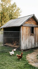 A wooden chicken coop in a backyard with live chickens roaming freely on grass. Sustainable living and organic farming