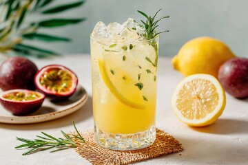 Glass of refreshing passion fruit lemonade with ice, rosemary, and lemon wedges, accompanied by fresh passion fruits