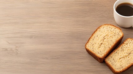Banana Bread Slices with Coffee on Wooden Table
