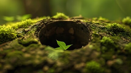 Mossy log with hole and green leaf in forest