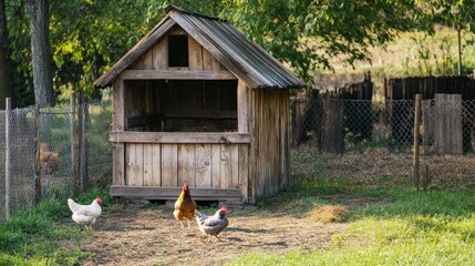 A wooden chicken coop in a backyard with a few live chickens roaming in the yard. Sustainable living and organic farming