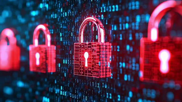 Quantum Computing: The future of cybersecurity . Digital locks over binary code representing cybersecurity and protection.	
