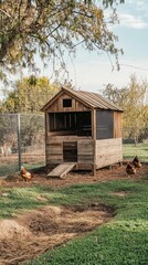 A wooden chicken coop in a backyard with live chickens roaming around. Sustainable living and organic farming practices