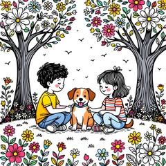 boy and girl with dog, Children and pets, Nature and outdoors, friendship with animals, spring illustration,cute dog illustration,