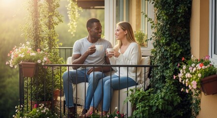 A couple sitting on a balcony with coffee cups, enjoying a conversation.