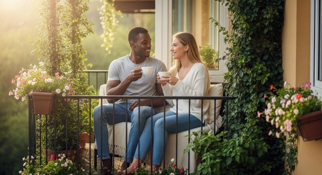 A couple sitting on a balcony with coffee cups, enjoying a conversation. - Powered by Adobe
