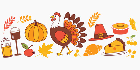 Thanksgiving Day Illustration with Turkey Pumpkin Pie Hat Croissant Apple Leaves and Drinks on White Background for Holiday Celebration