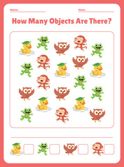 Counting exercise worksheet for kids with cartoon animals for children.