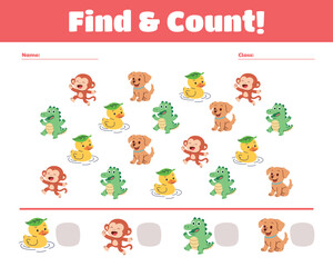 Counting exercise worksheet for kids , featuring various cartoon animals for counting practice.