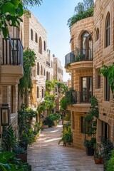 Fototapeta premium Picturesque alleyway lined with light beige stone buildings. Sunlight streams down a paved path, flanked by lush greenery and balconies
