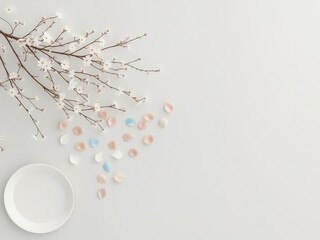 Minimalist arrangement with blooming branch, pastel colored petals, and pristine plate on a soft white background