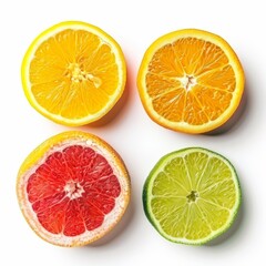 Overhead view of fresh sliced grapefruit, lime, and orange fruits on white background forming a circular composition full of vibrant, natural energy