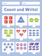 Counting exercise worksheet for kids  featuring various shapes with faces, designed for early math education.