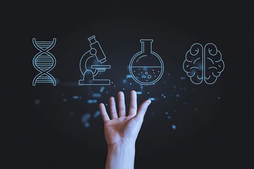 Human hand reaching towards scientific icons D N A microscope flask and brain science technology