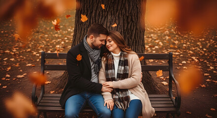 Obraz premium Romantic Autumn: A Couple's Embrace Underneath a Falling Canopy of Leaves, Warmth and Affection on a Crisp Fall Day in the Park