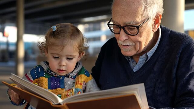Elderly man and toddler girl share a book outdoors, bathed in soft natural light.  The scene evokes warmth, togetherness, and intergenerational connection. The girl wears a colorful patchwork