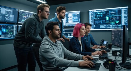 A group of five individuals working in a high-tech, modern control room with multiple computer monitors and data screens.
