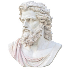 Obraz premium Detailed classical marble bust sculpture of an elderly wise man with flowing hair and beard on white background