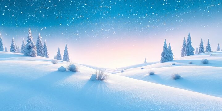 Gentle snowfall blankets a whimsical winter landscape under a twinkling starlit sky on a light blue background,  season,  landscape