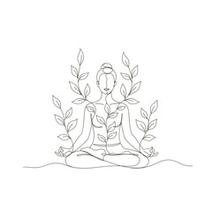Minimalist Yoga Line Art, Lotus Pose with Leaves Wellness Concept Vector