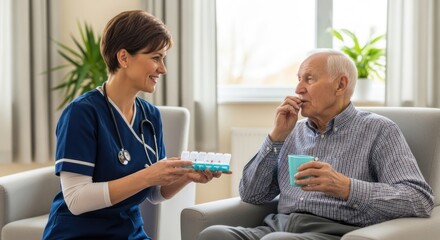 A nurse assisting an elderly man with medication in a retirement home.