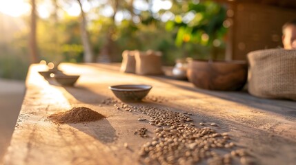 Coffee Beans and Ground Coffee on Rustic Wooden Table