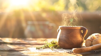 Hot Herbal Drink in Wooden Cup with Bread at Sunrise
