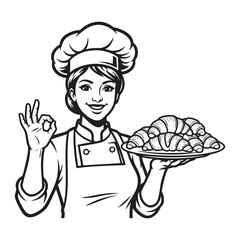 Female Chef with Croissants Mascot Vector Logo


