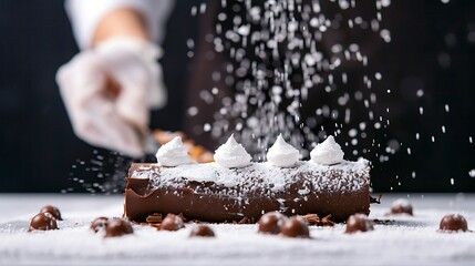 Chocolate Log Cake with Meringue and Powdered Sugar Snowfall