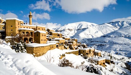 Snowy mountain village nestled in a valley