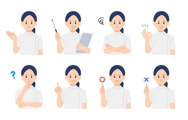 いろいろな表情･ポーズをする女性医師･看護師･技師のセット【人物ベクターイラスト素材】
