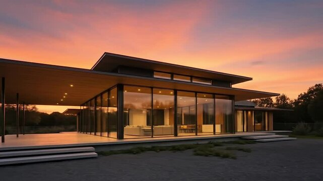 Modern house with large glass windows and a flat roof at sunset, showcasing contemporary architecture.