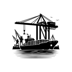 silhouette of Cargo ship and port crane