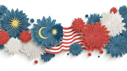 Malaysia Independence Day poster mockup with abstract fireworks and flag elements, clean vector style, white background