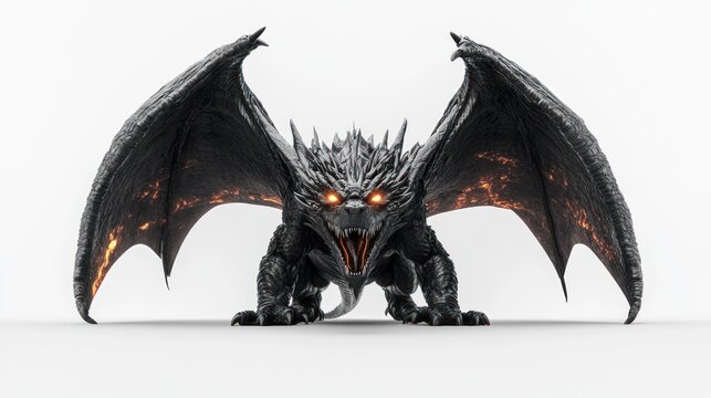 Fierce, small dragon with outstretched wings, against a plain white background.  Dragon, poised, menacing
