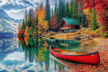 Serene autumn lake scene with cabin