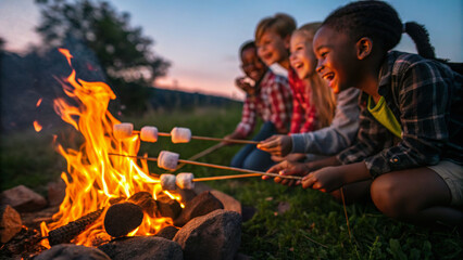 Camping kids outdoor campfire trip. Children roasting marshmallows around campfire, smiling, enjoying outdoor camping adventure. Child summer vacation fun activity, children adventure travel