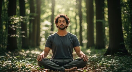 A man meditating in a forest with closed eyes.