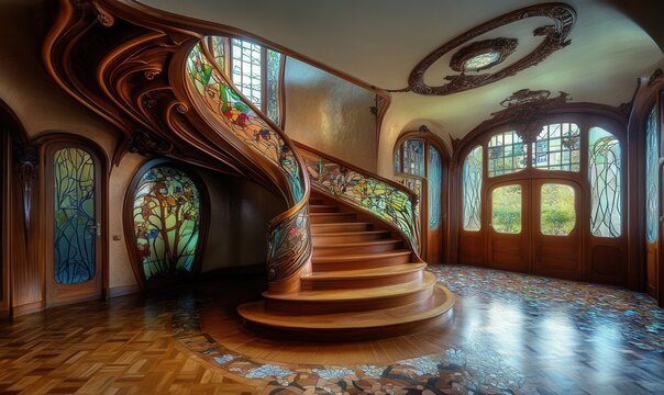 art nouveau interior, organic curves, stained glass, floral motifs, wooden inlays, flowing lines, early 20th century style 