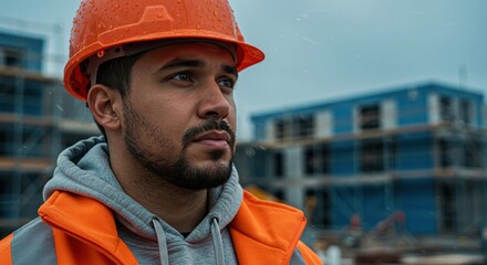 Construction worker wearing hardhat at building site outside