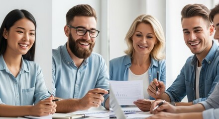 Four people in a meeting, discussing documents and smiling.