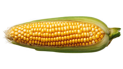 An ear of corn, with a vibrant yellow cob and green husks, isolated on black