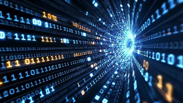 Abstract digital tunnel with binary code flowing towards a bright center, symbolizing data transfer