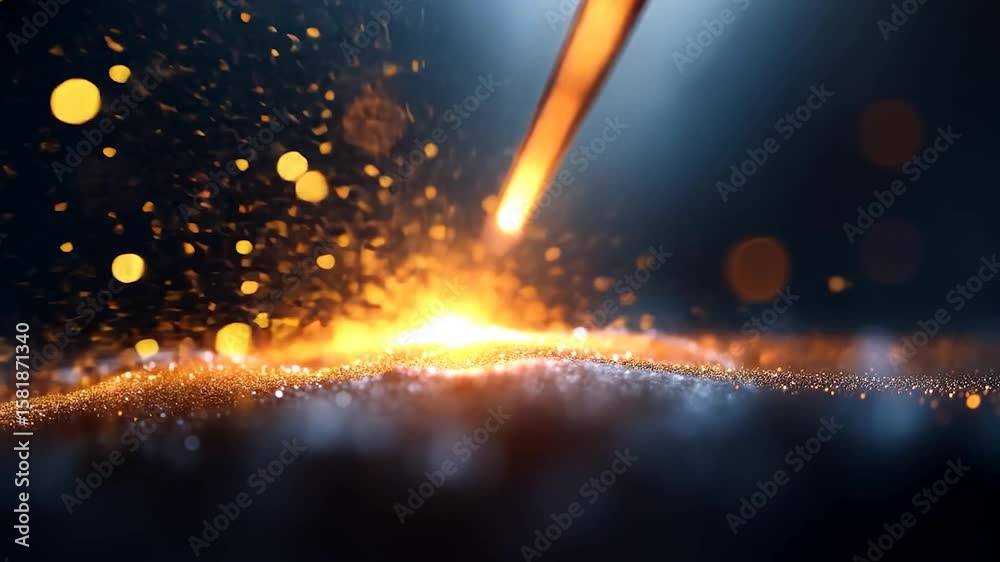 Wall mural abstract image of a beam of light striking a dark, textured surface, causing a bright orange spark a