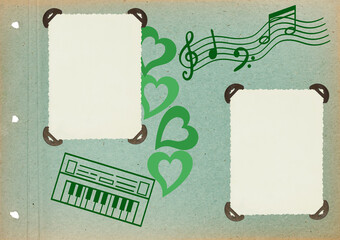 Page from an old photo album for stories. Photo album layout with empty photo frames. Scrapbooking...