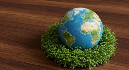 Globe puzzle resting on a bed of green sprouts on wood table