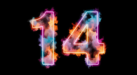 Fourteen Number Glowing with Abstract Smoke Effect on Dark Background