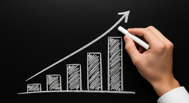 Visual representation of upward trend and improvement, a bar graph with an arrow drawn in chalk on a dark blackboard