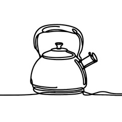 Kettle in continuous line style symbolizing camping comfort and warm travel moments